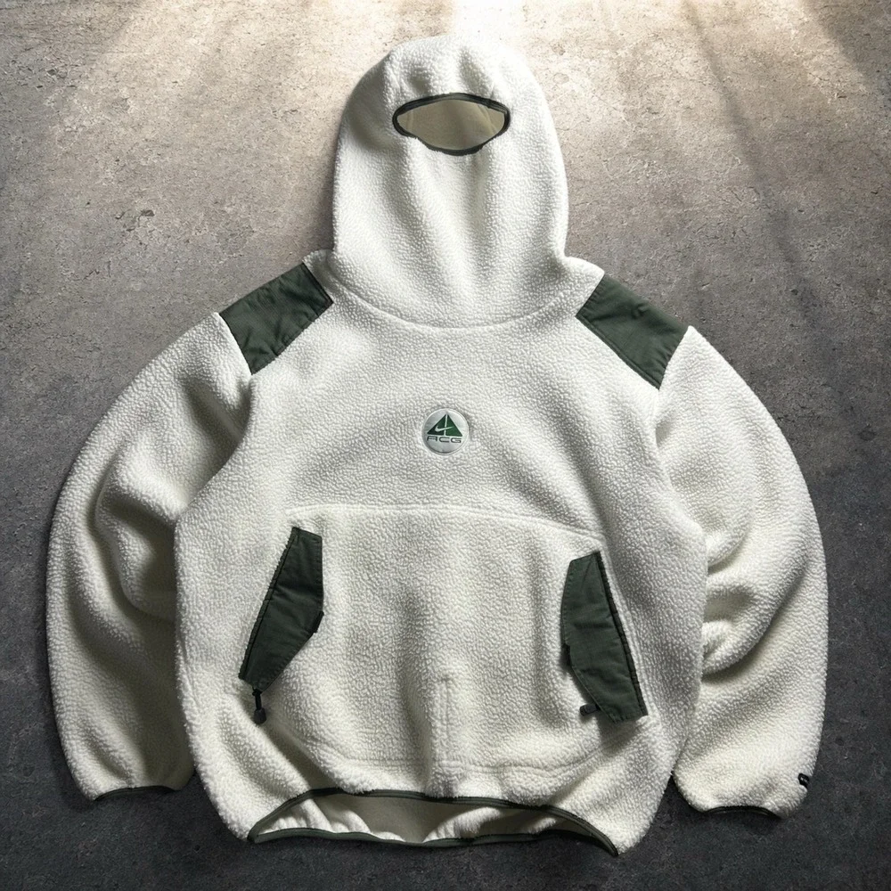Nike ACG Sherpa Fleece Balaclava Hoodie Cream Olive Green Size Large Baggy Y2K